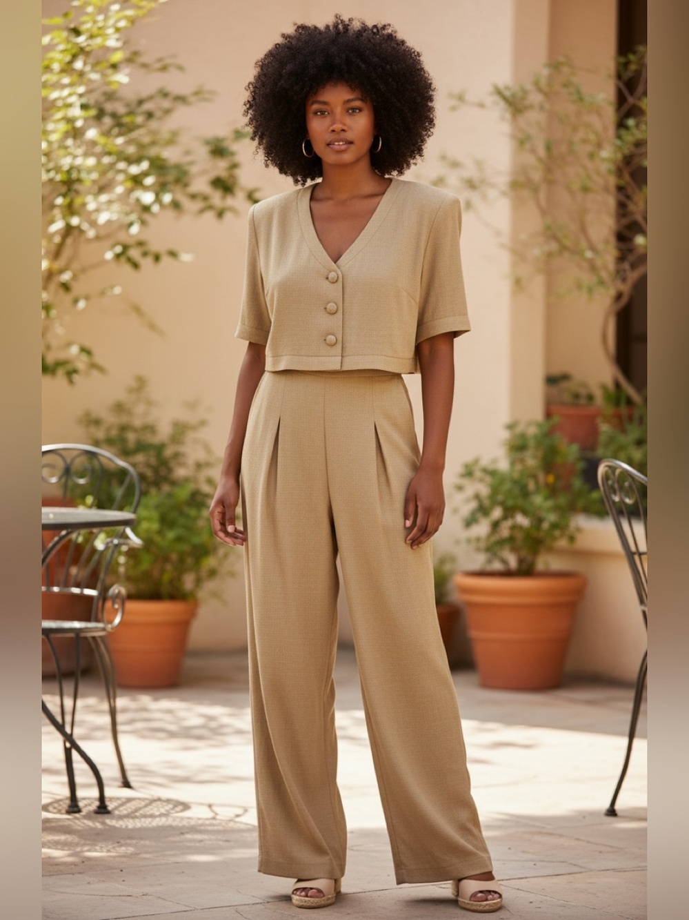 Jennifer Jeffries Vintage 80’s Beige Tan Short Sleeve Wide Leg Jumpsuit 14
